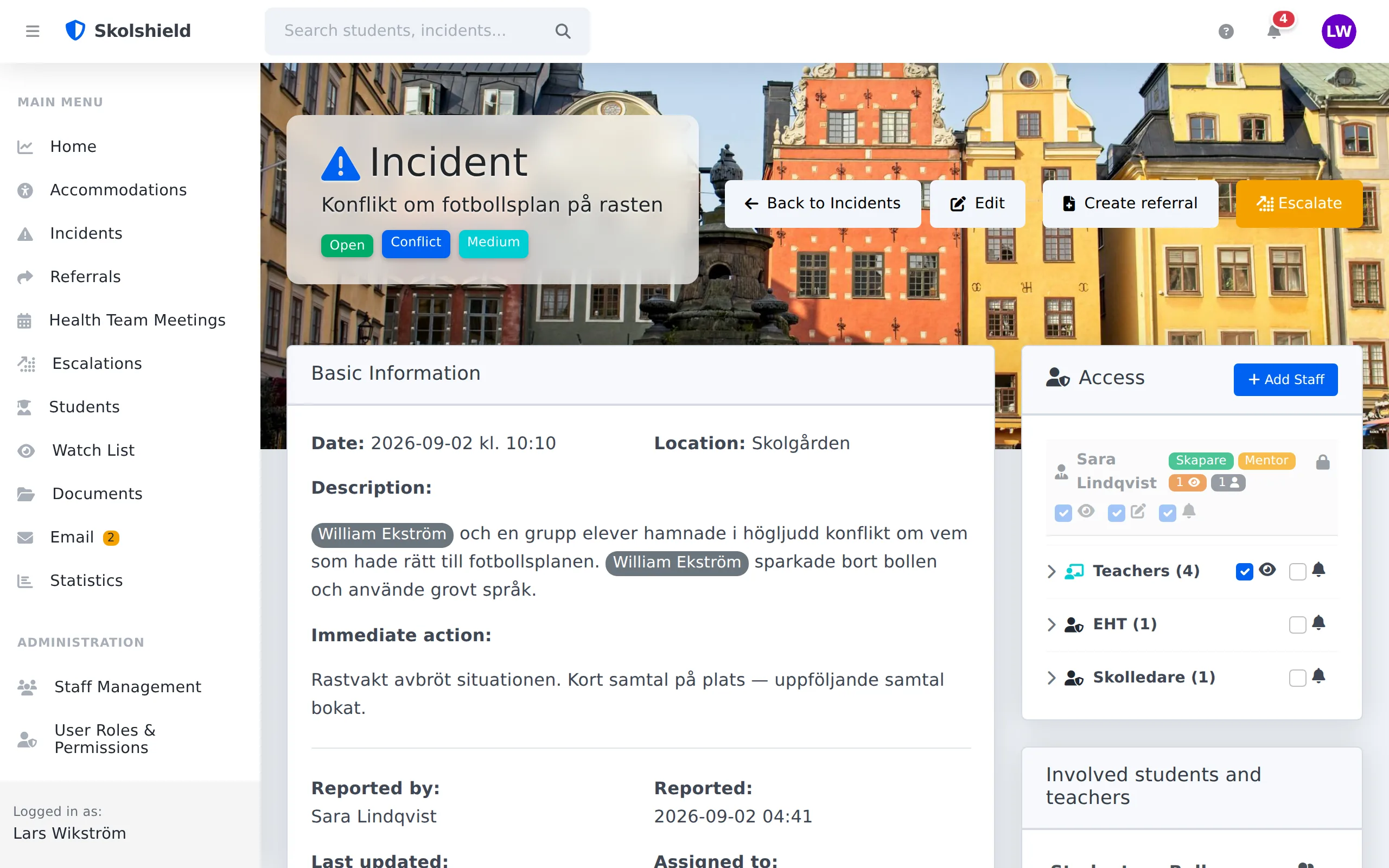 The same incident in full view for school leadership: access list, involved students and case handling
