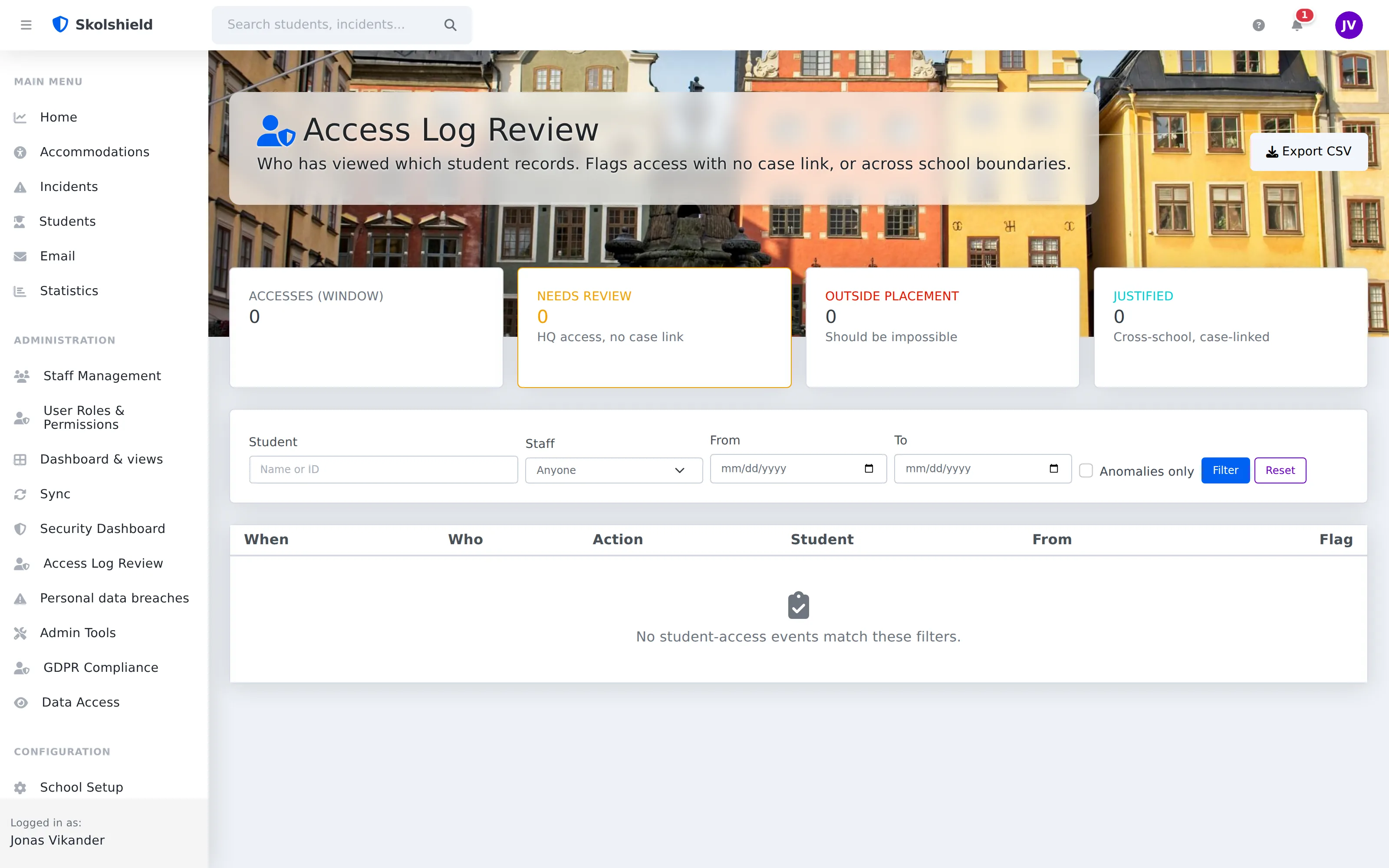 Access-log review: the audit view showing who opened which student records, with flags for access that needs review