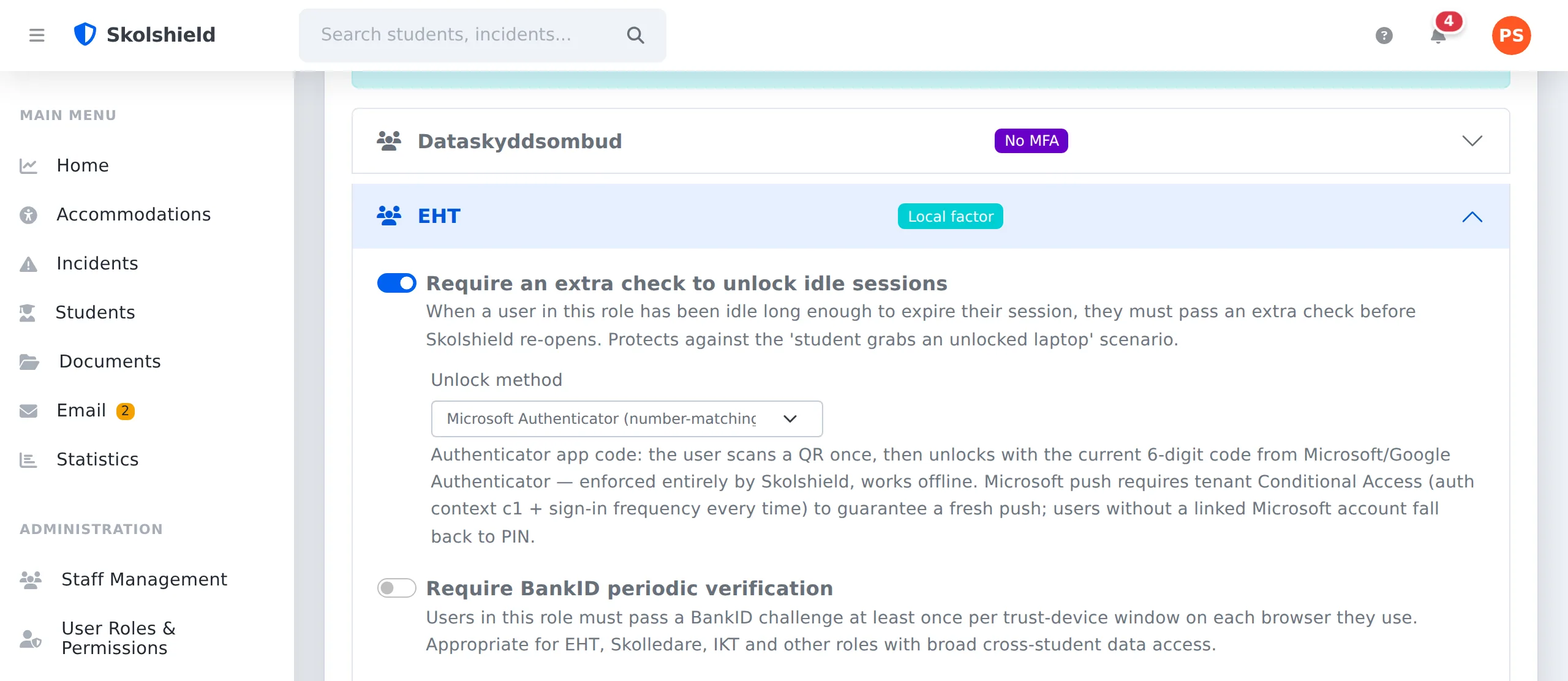 Per-role security policy in Skolshield