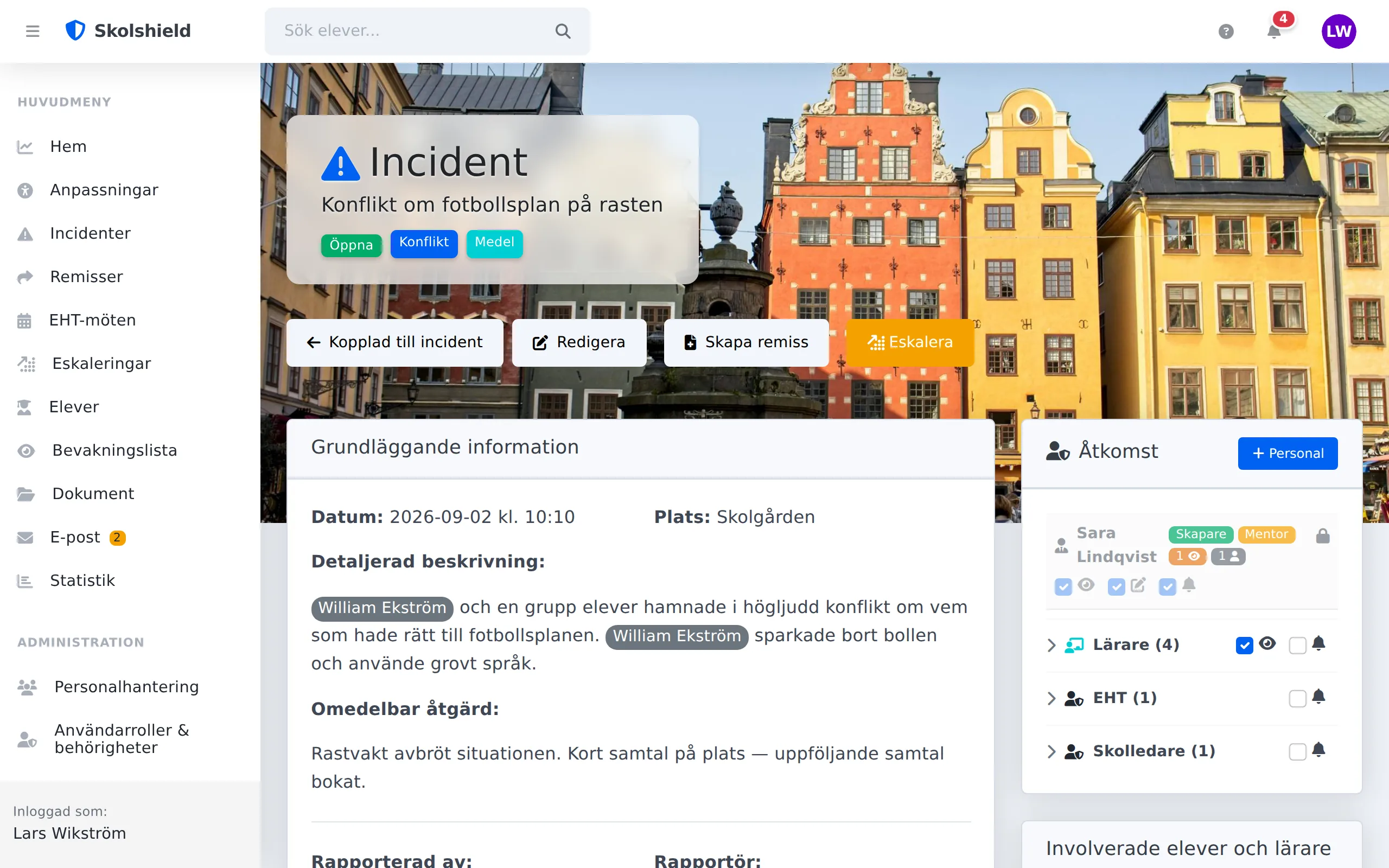 Samma incident i full vy för skolledningen: åtkomstlista, involverade elever och ärendehantering