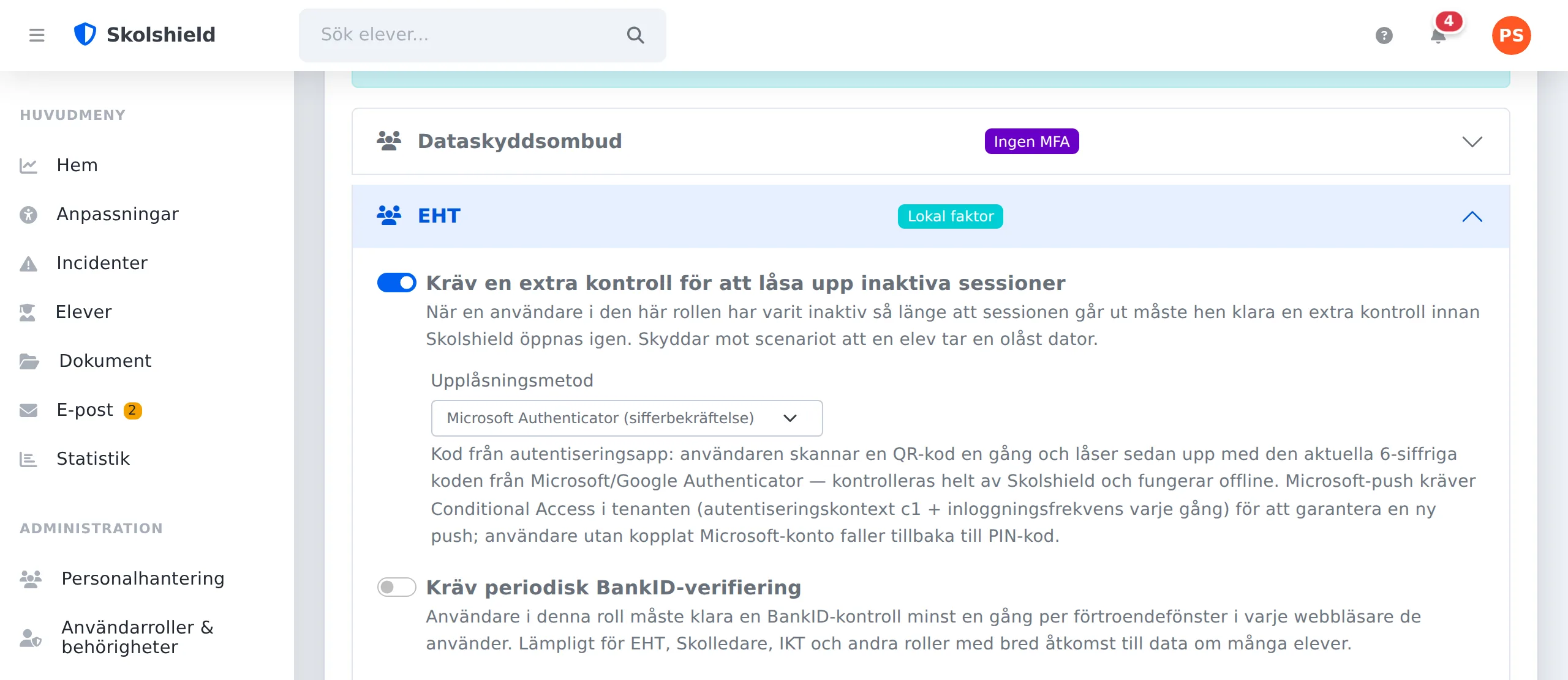 Säkerhetspolicy per roll i Skolshield: upplåsningsmetod och BankID-krav för rollen EHT